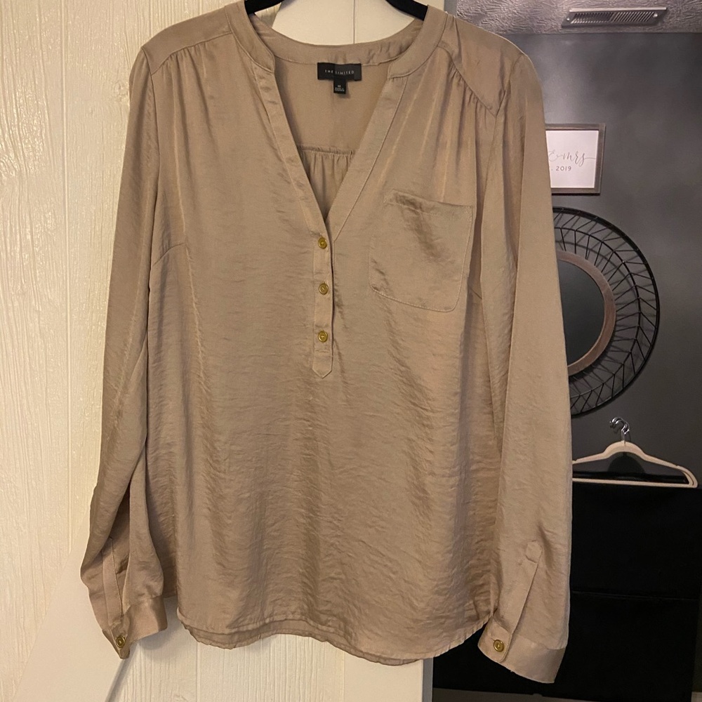 Tan silk long sleeve blouse